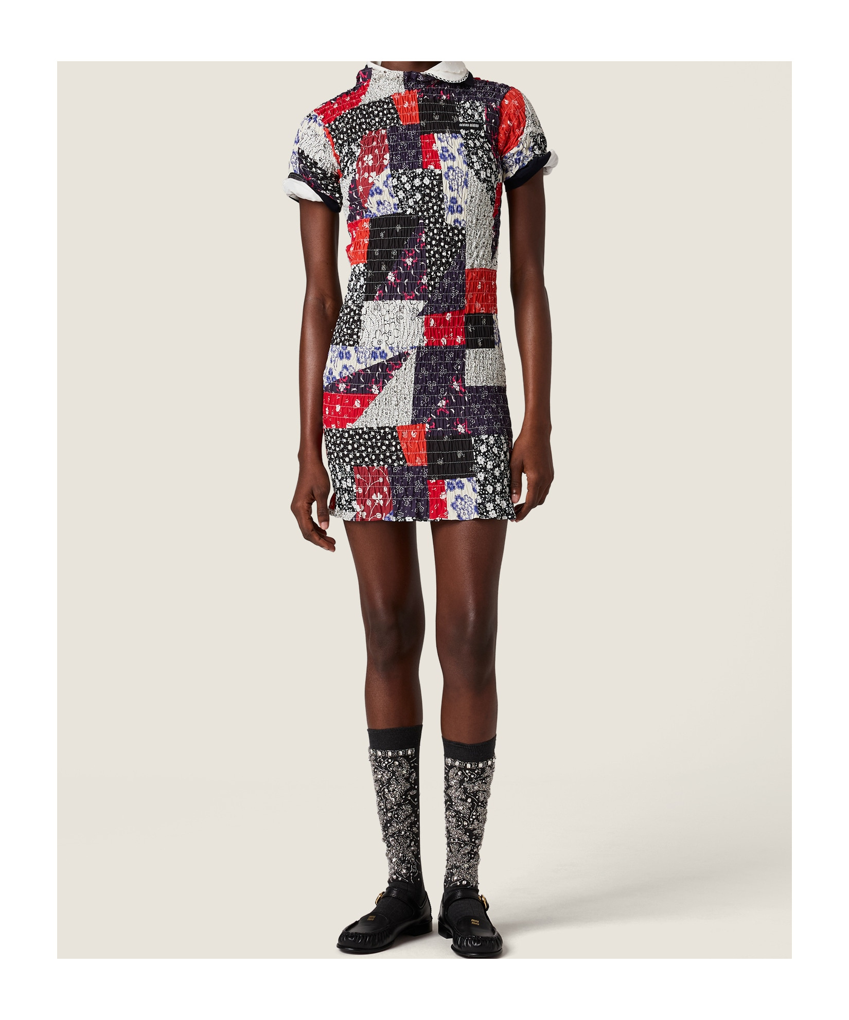 Miu Miu Patchwork Poplin Mini-dress In Black