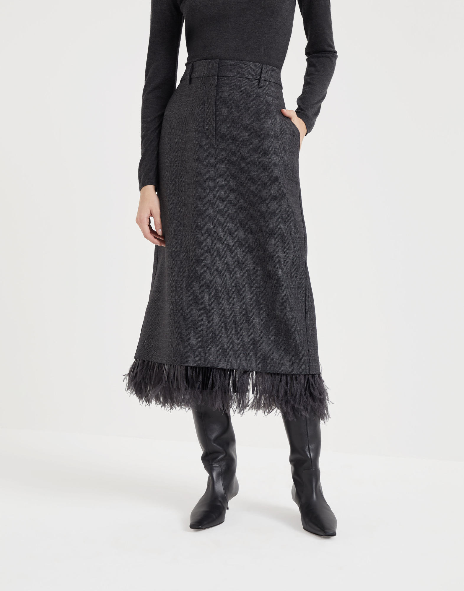 Brunello Cucinelli Virgin Wool Column Skirt With Detachable Feather Trim In Black