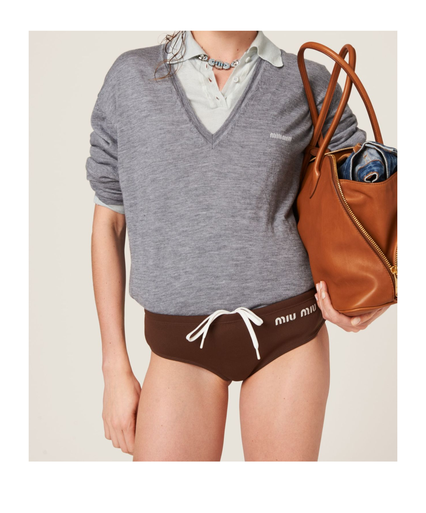 Miu Miu Logo-embroidered V-neck Jumper In Gray