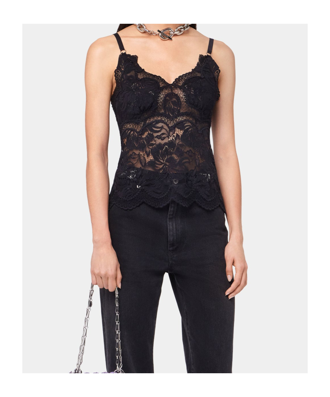 Rabanne Intricate Lace Top With Adjustable Spaghetti Straps In Black
