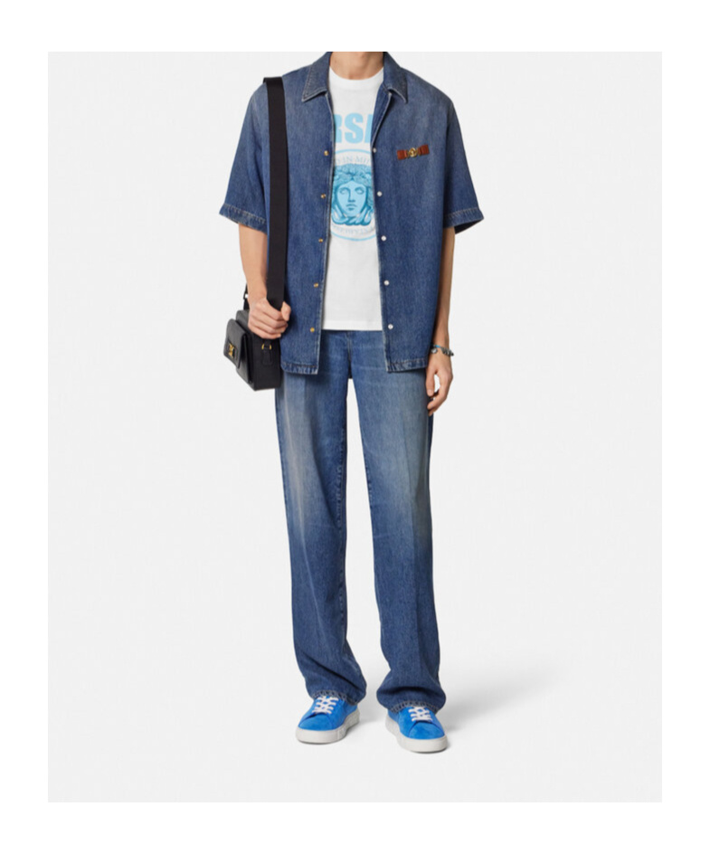 Versace White Crewneck T-shirt With Maxi Logo Print On The Front In Cotton Man