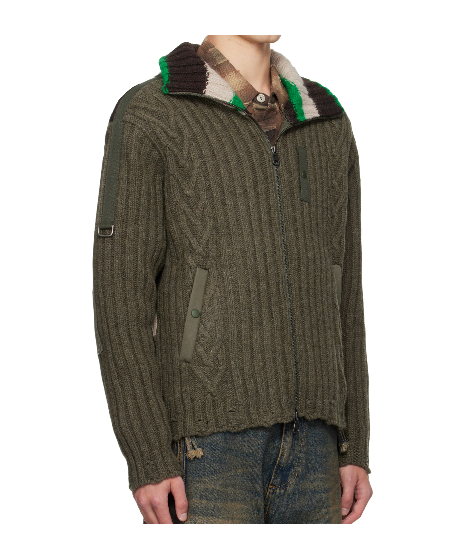 Andersson Bell Khaki Stripe High-neck Zip-up Sweater In Green