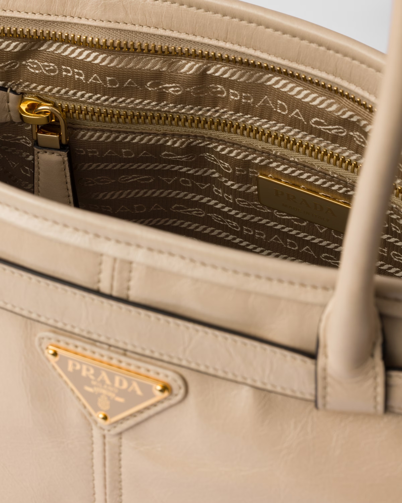 Prada Large Leather Handbag In Travertine