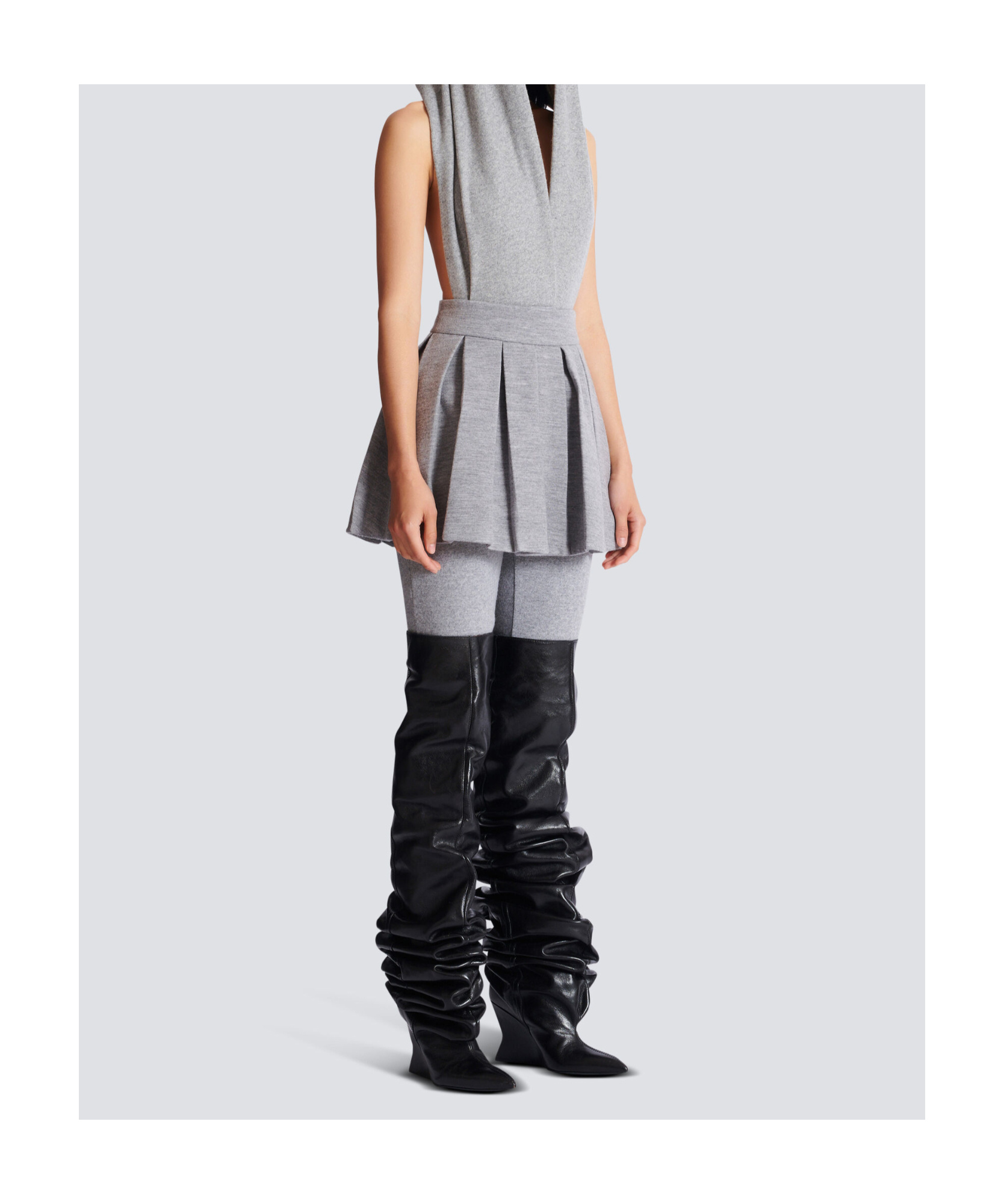 Balmain Short Pleated Cotton Knit Skirt In Gray