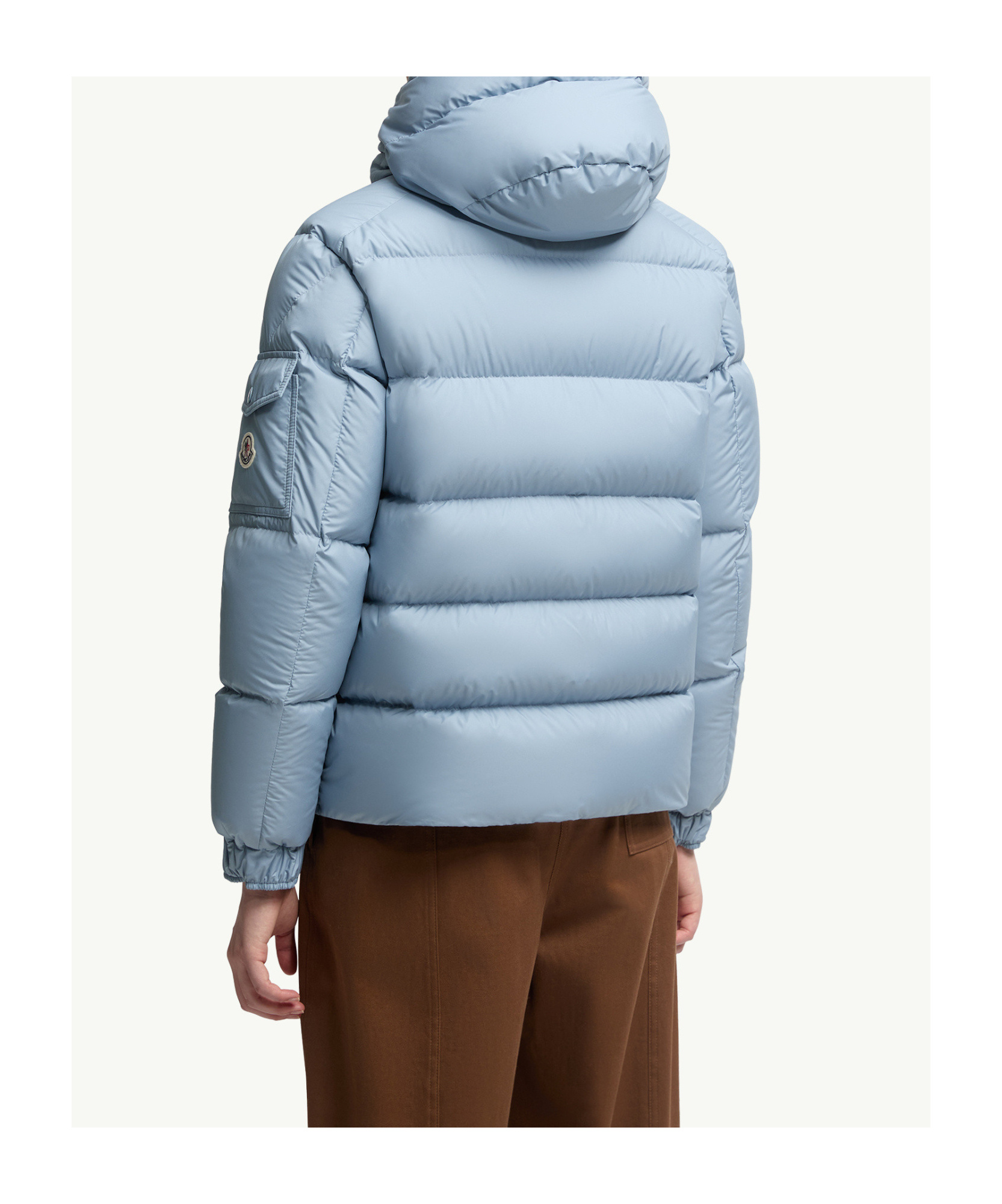 Moncler Long Little Down Jacket With Square Quilting And Hood In Blue