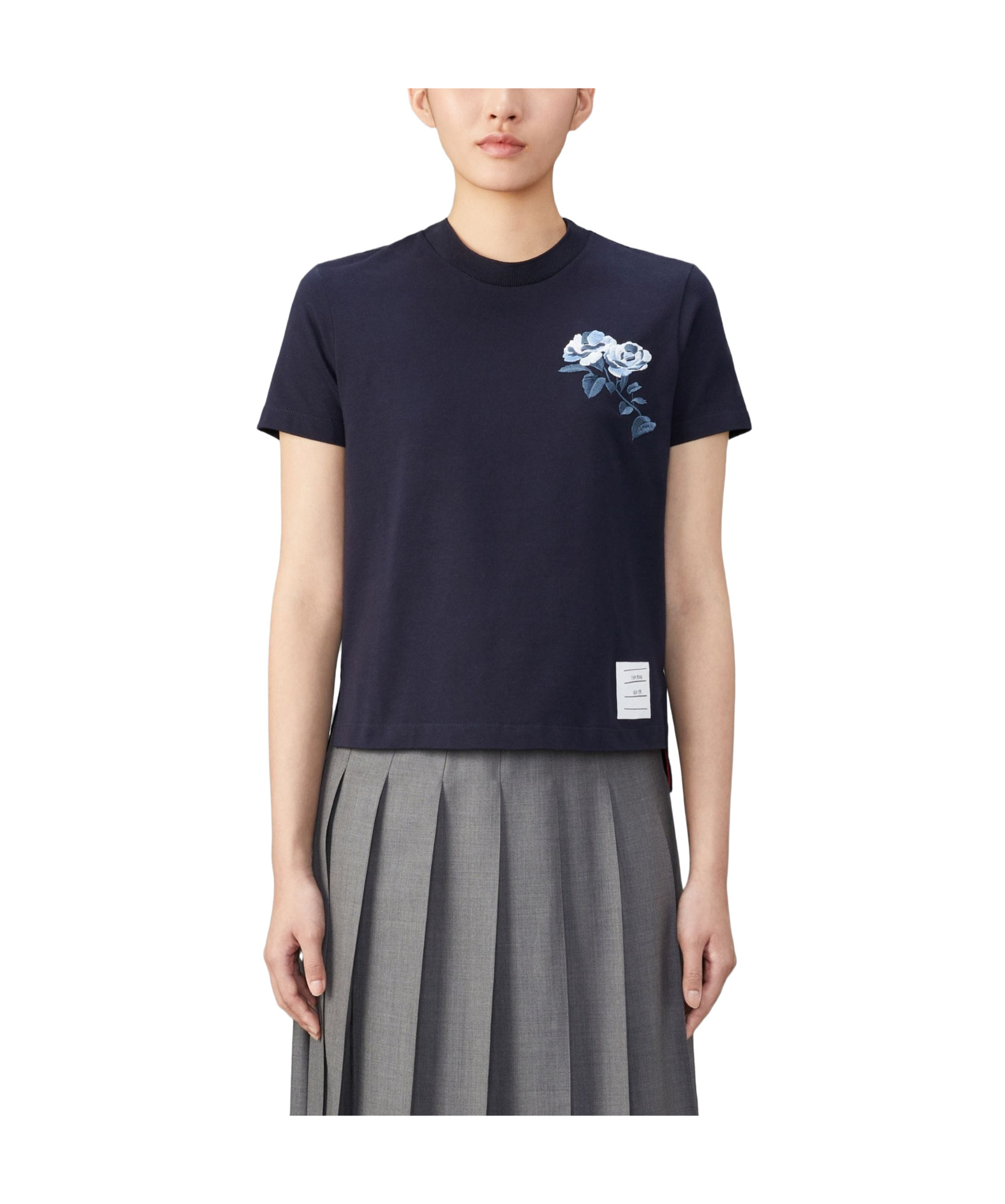 Thom Browne Navy Blue Rose-embroidered Cotton T-shirt In Black