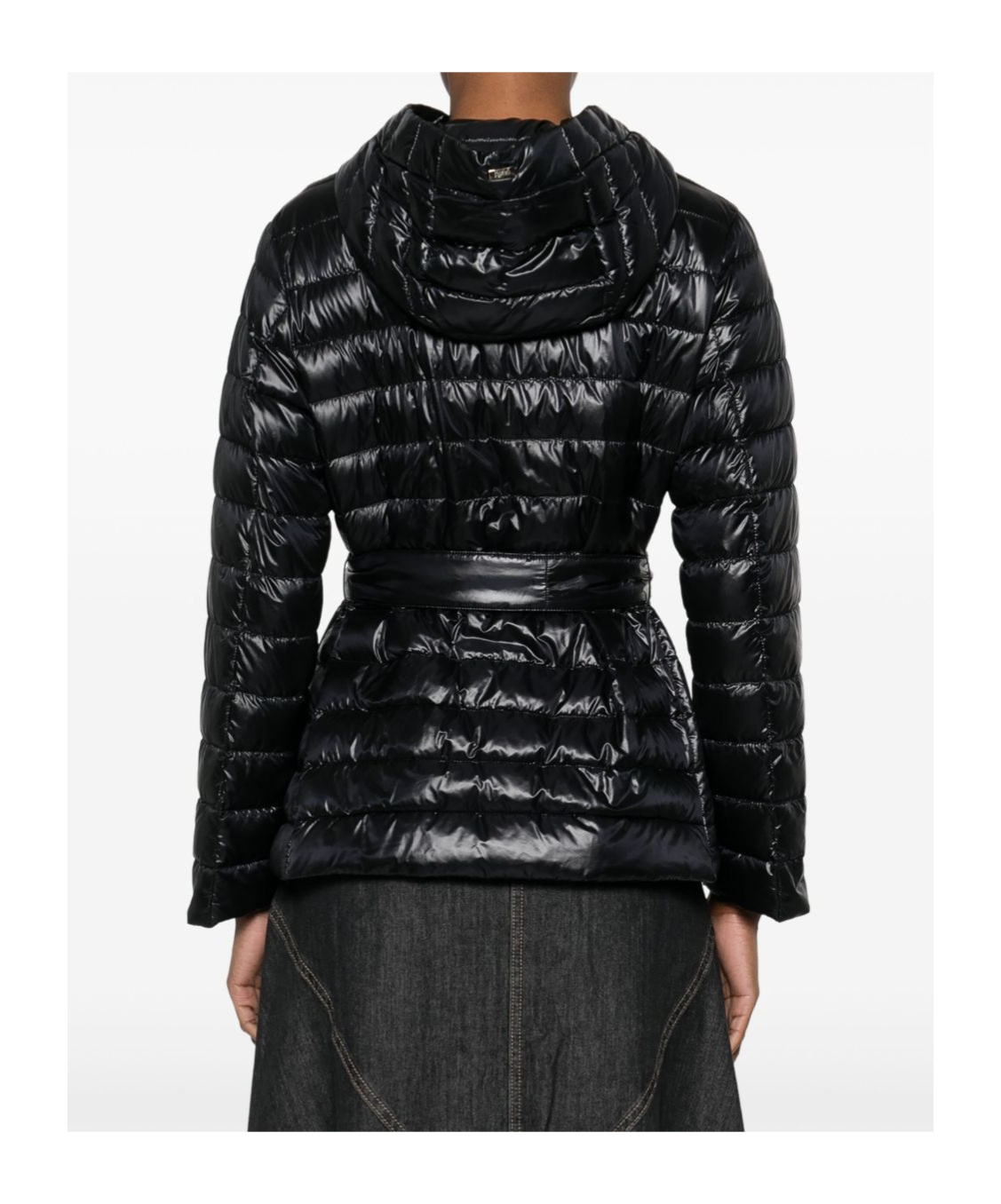 Herno Belted Waist Hooded Long Quilted Shiny Jacket In Black