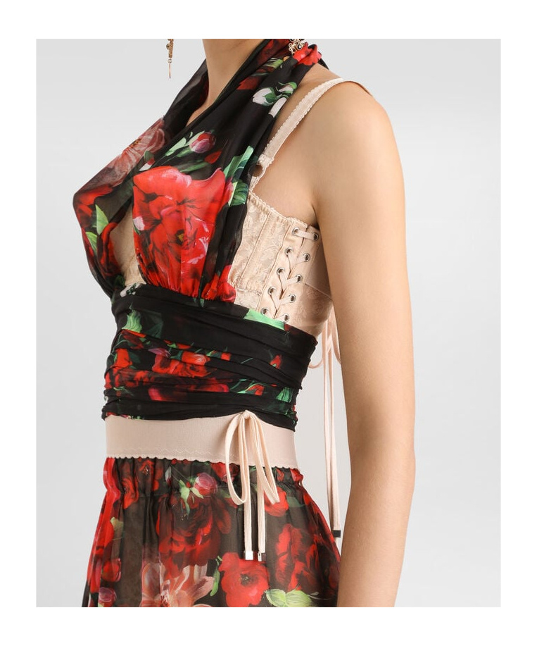 Dolce & Gabbana Bustier Top In Marquisette And Chiffon With Floral Print In Multicolor