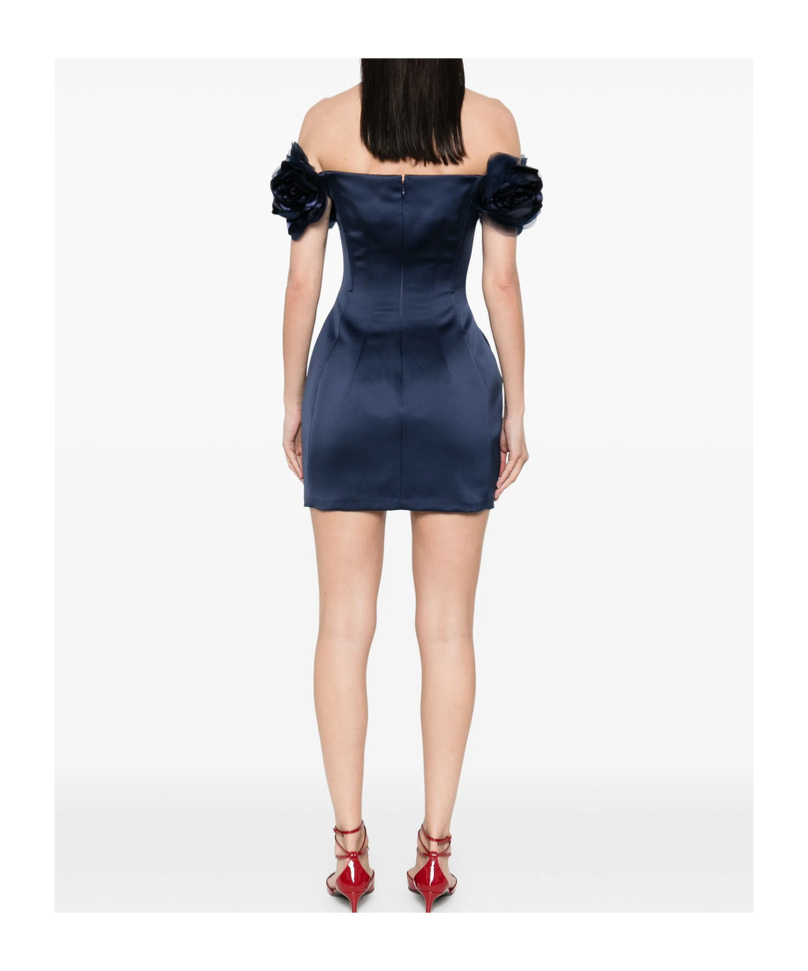 Elisabetta Franchi Floral-appliqué Duchess Satin Mini Dress In Blue