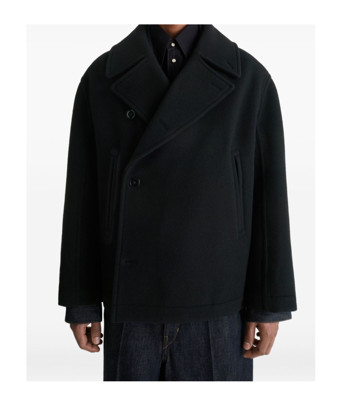 Lemaire Double Breasted Boxy Peacoat Side Pockets In Black