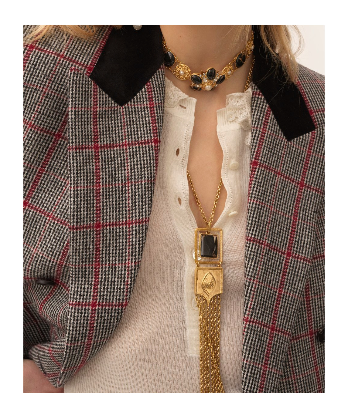 Chloé Double-breasted Velvet-trimmed Checked Wool Blazer In Gray