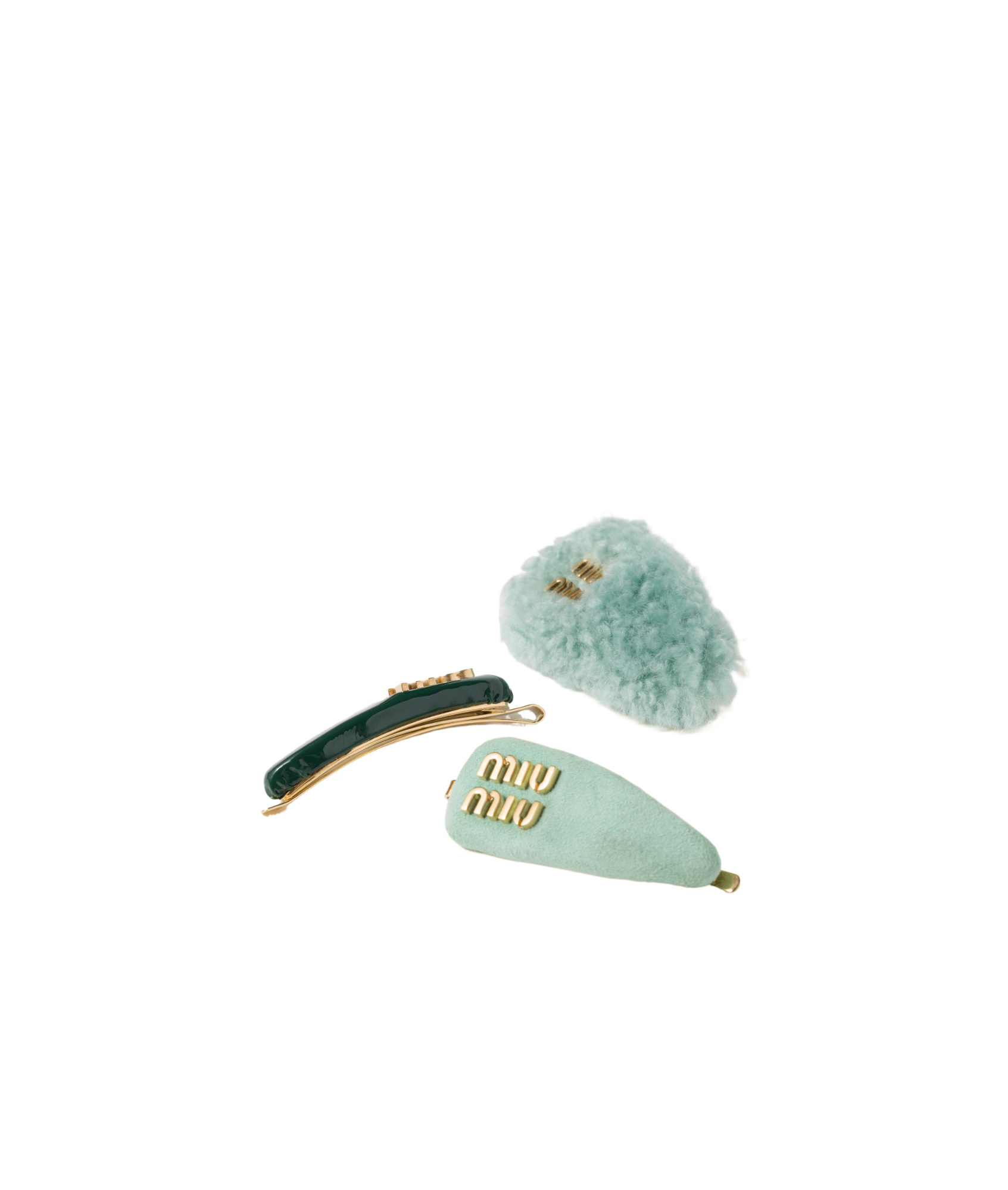 MIU MIU SET OF LEATHER, SUEDE, AND SHEARLING HAIR CLIPS