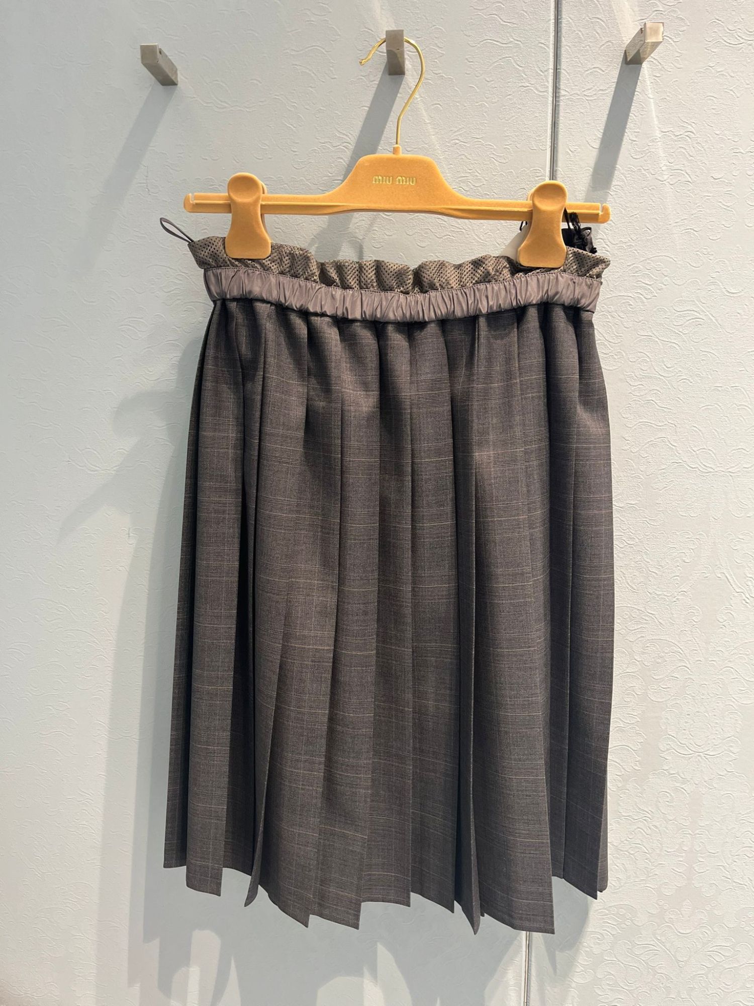 Miu Miu Prince Of Wales Check Pleated Skirt In Gray