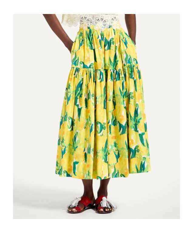La Doublej Oscar Printed Cotton Poplin Midi Skirt In Yellow