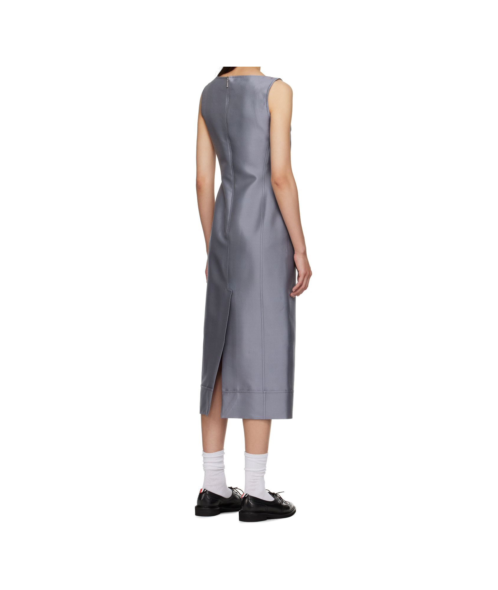 Thom Browne Calf Length Square Neck Column Dress In Wool Silk In Gray