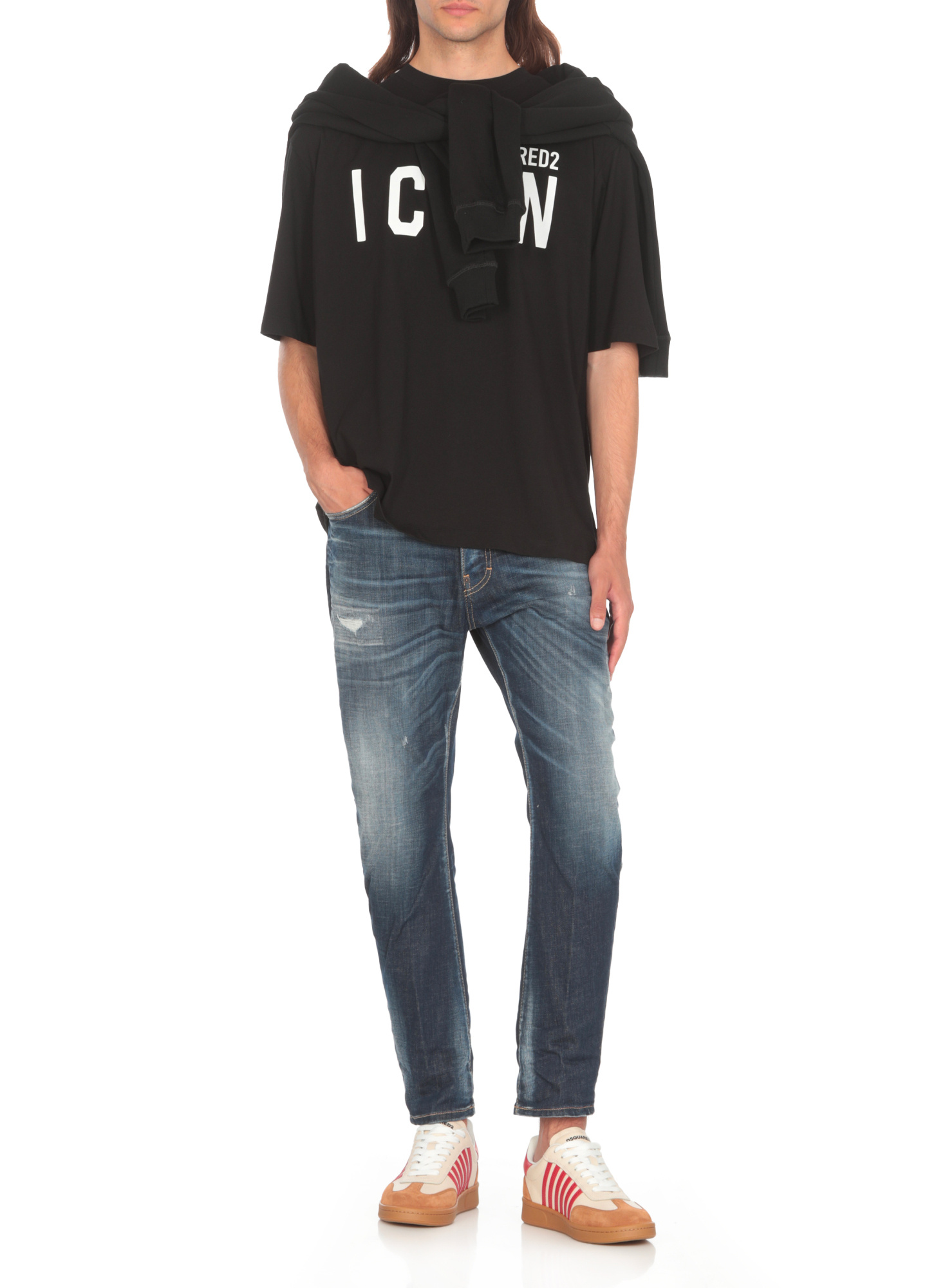 Dsquared2 Black Crewneck T-shirt With Maxi Logo Print On The Front In Cotton Man In Black