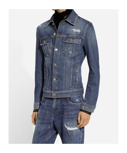 Dolce & Gabbana Blue Jacket With Classic Collar And Rips In Denim Stretch Man In Blue