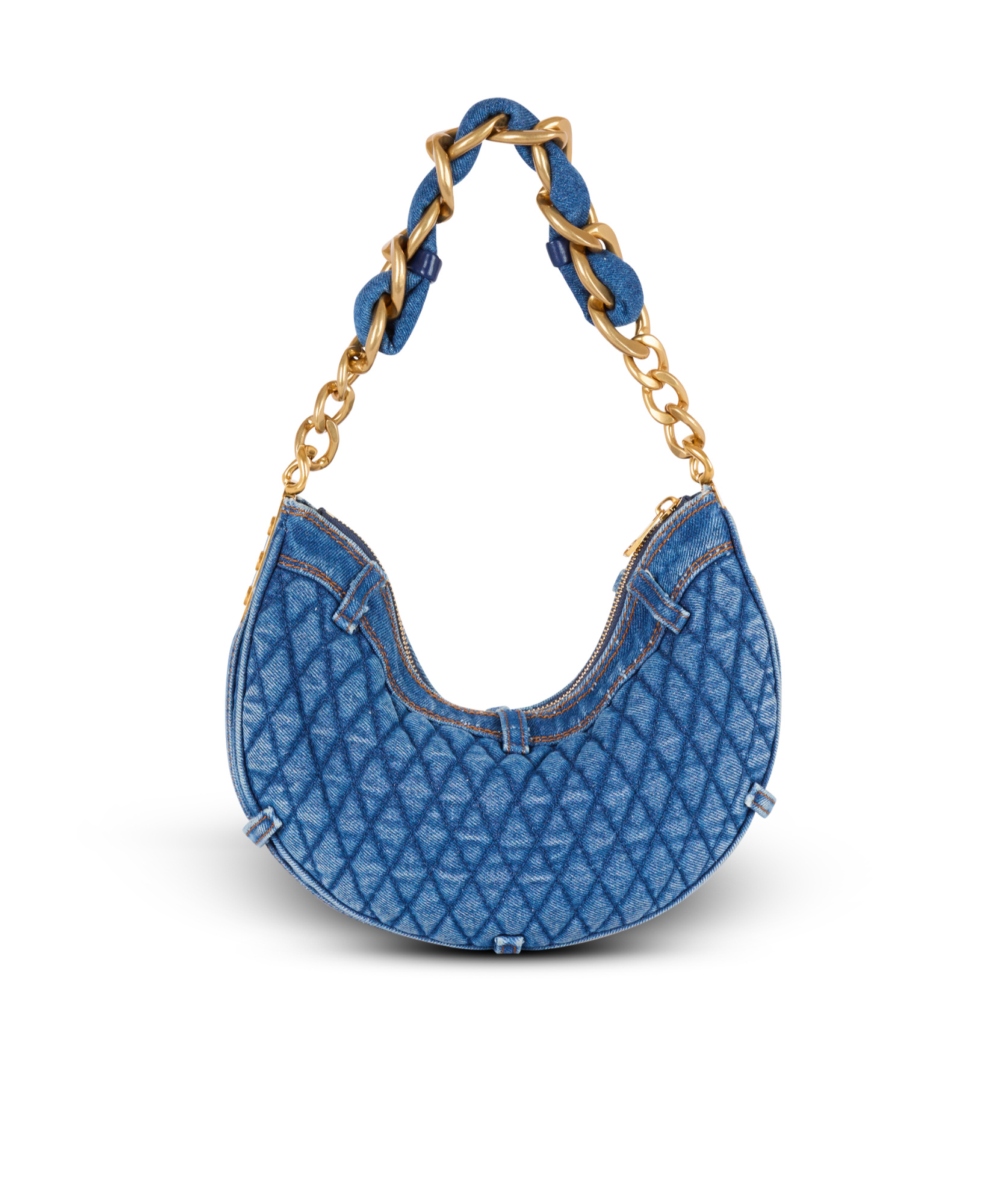 BALMAIN 1945 SOFT MOON BAG IN DIAMOND-QUILTED DENIM