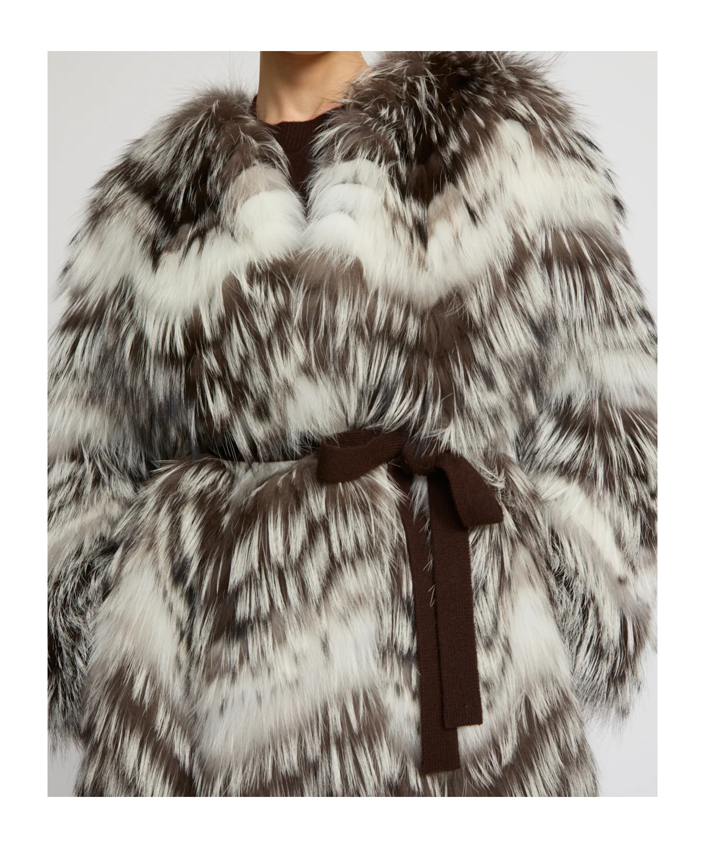 Yves Salomon Belted Coat In Merino Knit And Fox Fur In Multi