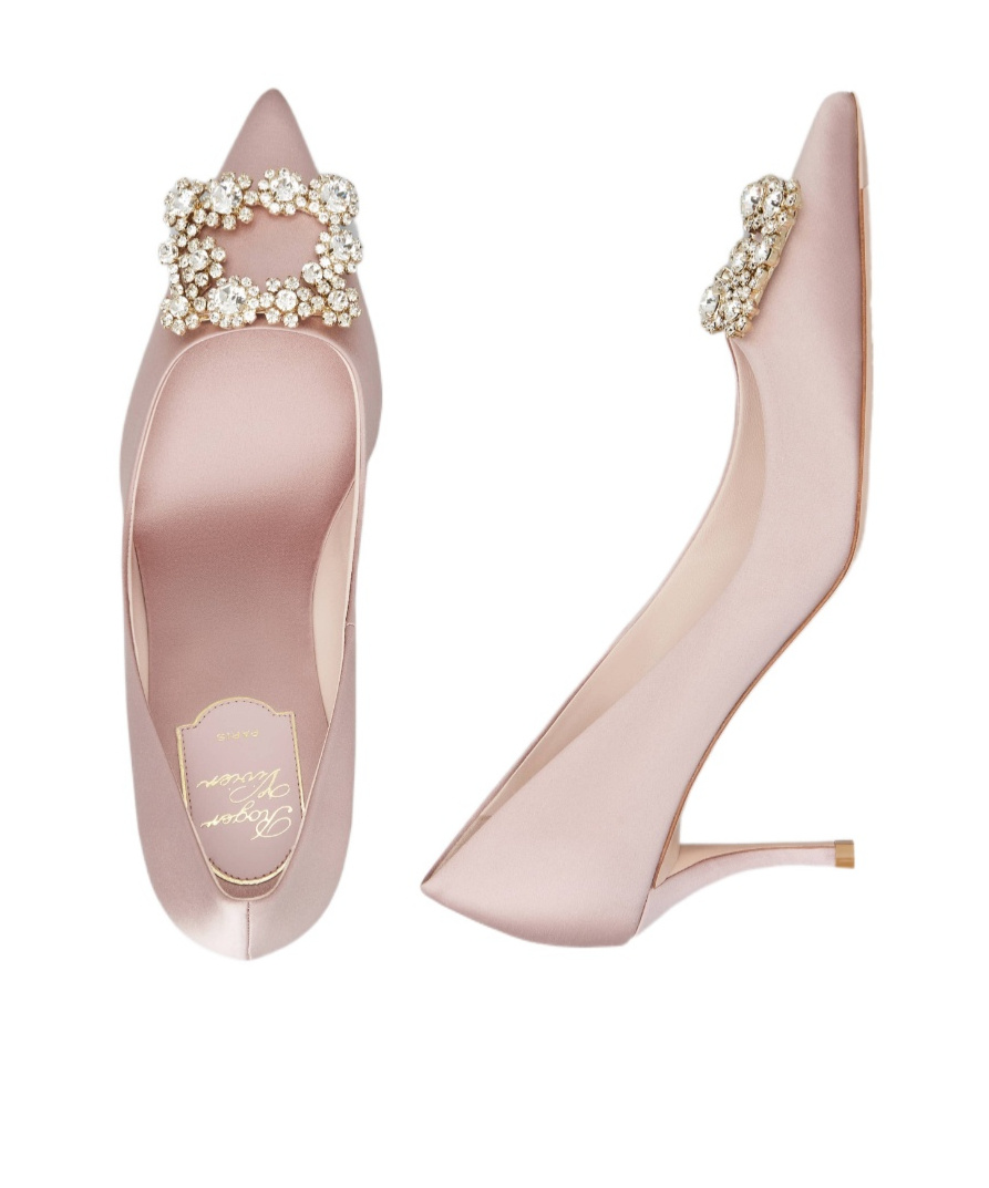 Roger Vivier Flower Strass Silk Satin Rhinestones Buckle High Heels In Nude