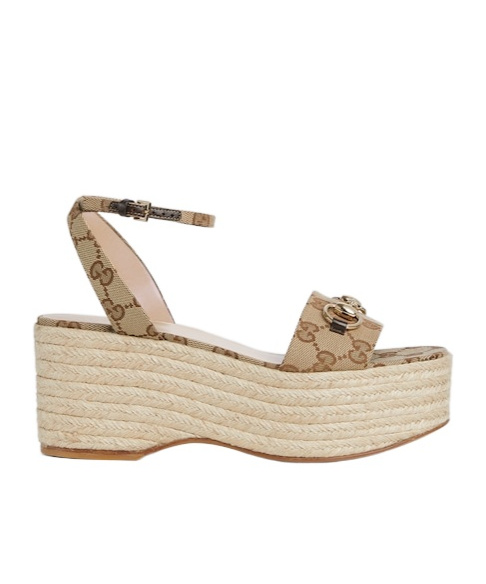 Gucci Lady Horsebit Gg Platform Espadrille Sandals In Beige/dark Brown