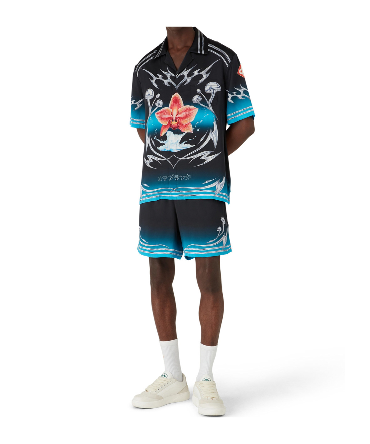 Casablanca Blades Orchid-print Cuban-collar Shirt In Black