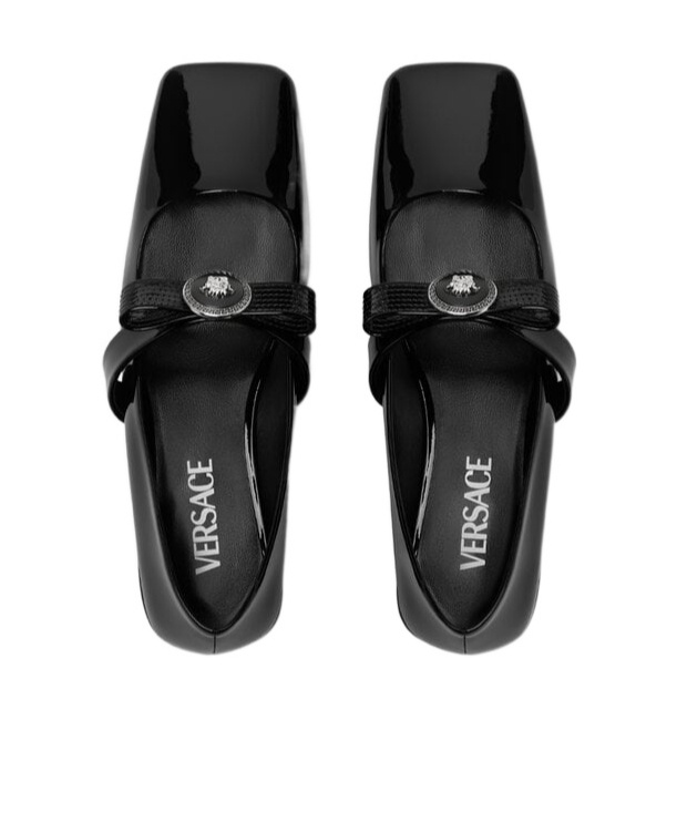 Versace Open-toe Ballet Flats In Gianni Ribbon In Black
