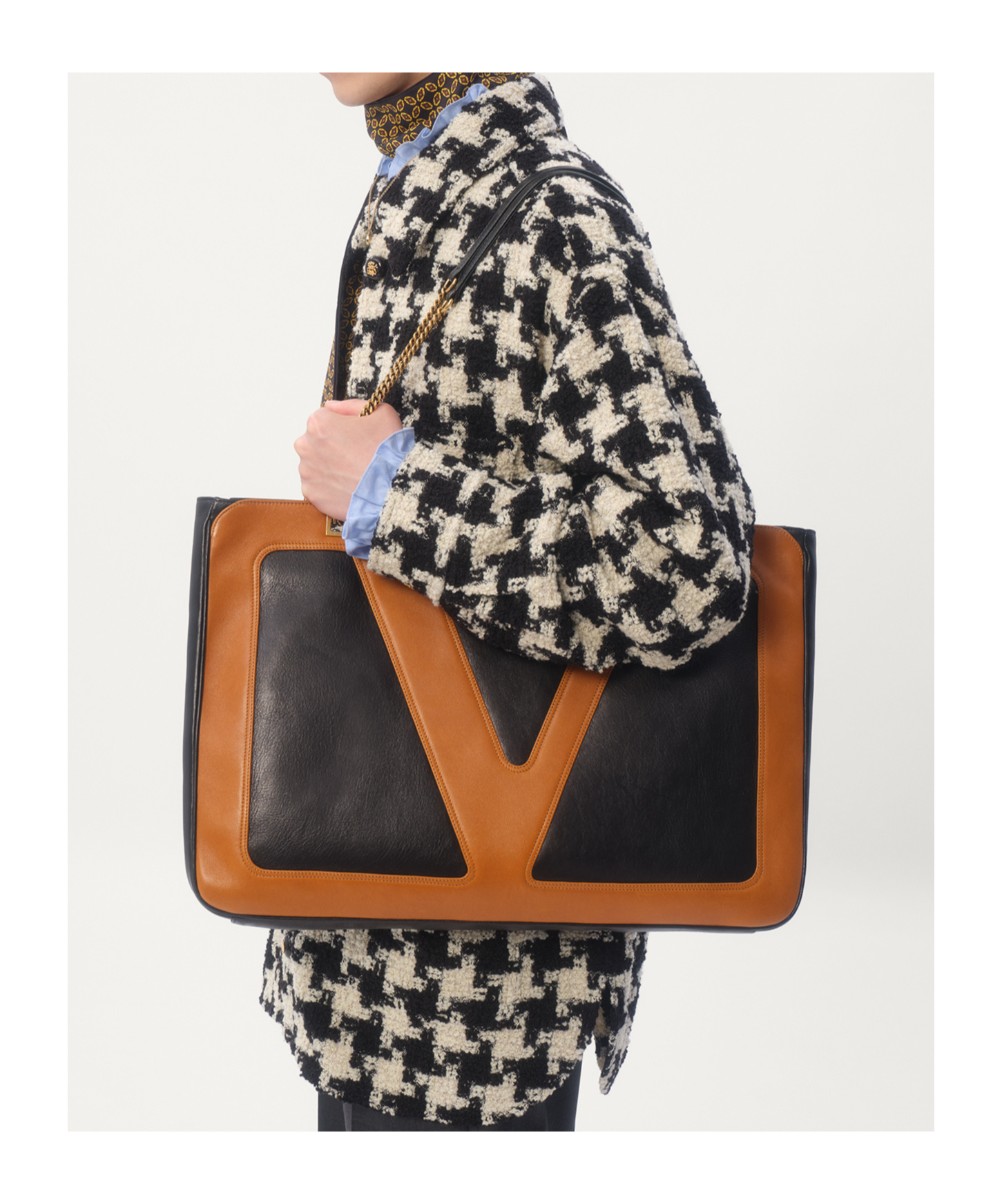 Valentino Wool Shirt Jacket With Pied De Coque Pattern In Ivory/black