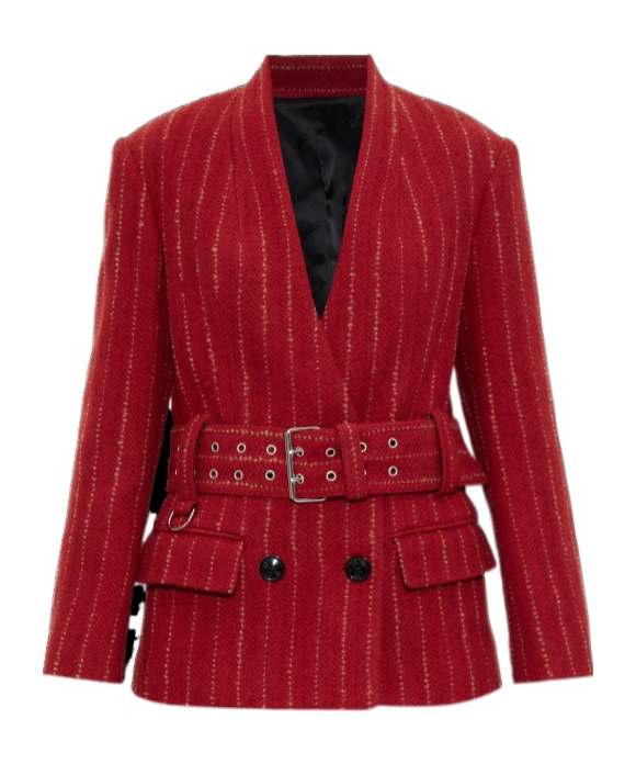 Isabel Marant Pinstripe Belted Jacket In Red