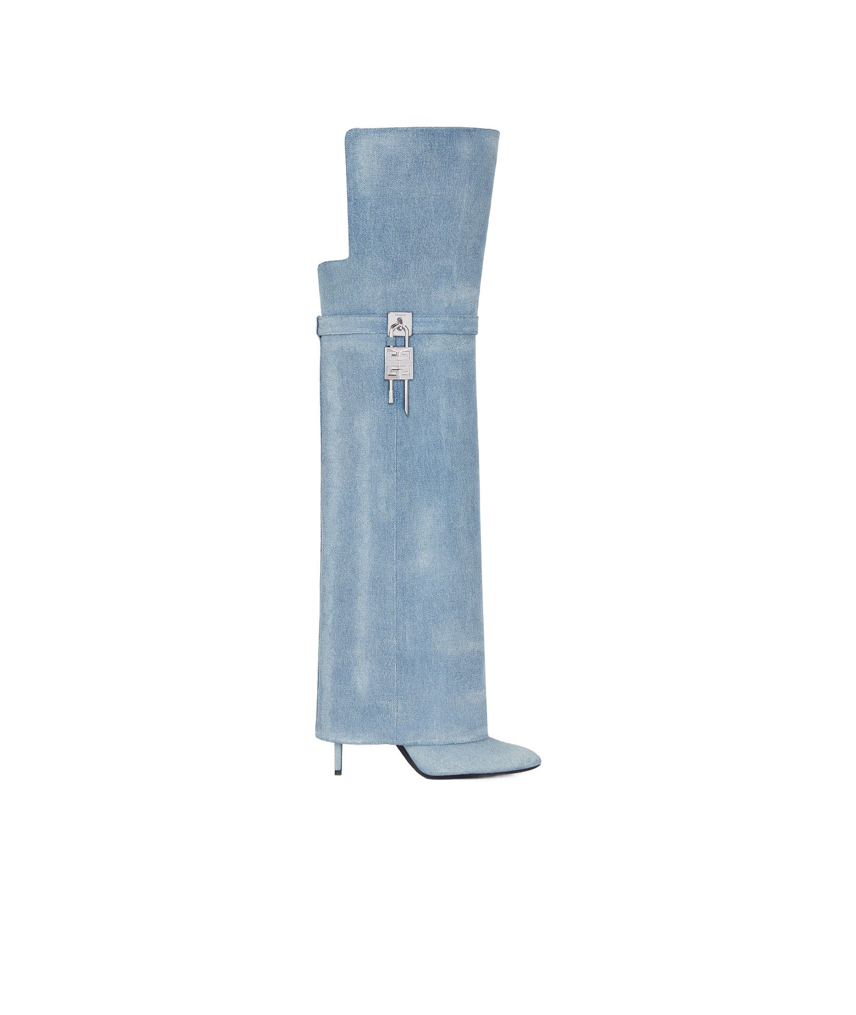GIVENCHY SHARK LOCK STILETTO OVER-THE-KNEE BOOTS IN WASHED DENIM