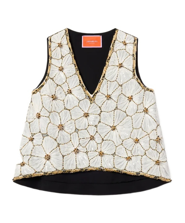 La Doublej Embroidered V Neck Scala Top Crystal Chiffon Embroidery In Multi