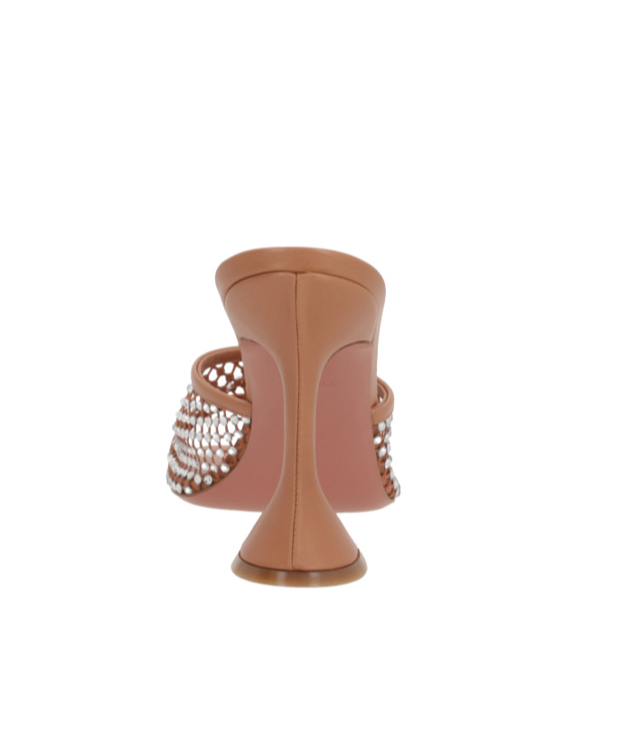 Amina Muaddi Tan Lupita Crystal Net Slipper Heeled Sandals