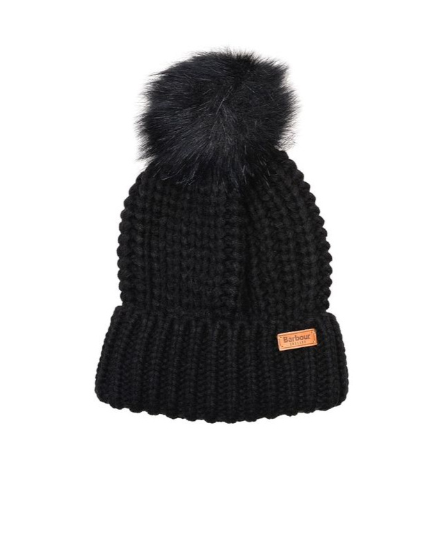 Barbour Logo Patch Rib Knit Puff Beanie And Scarf Set In Black