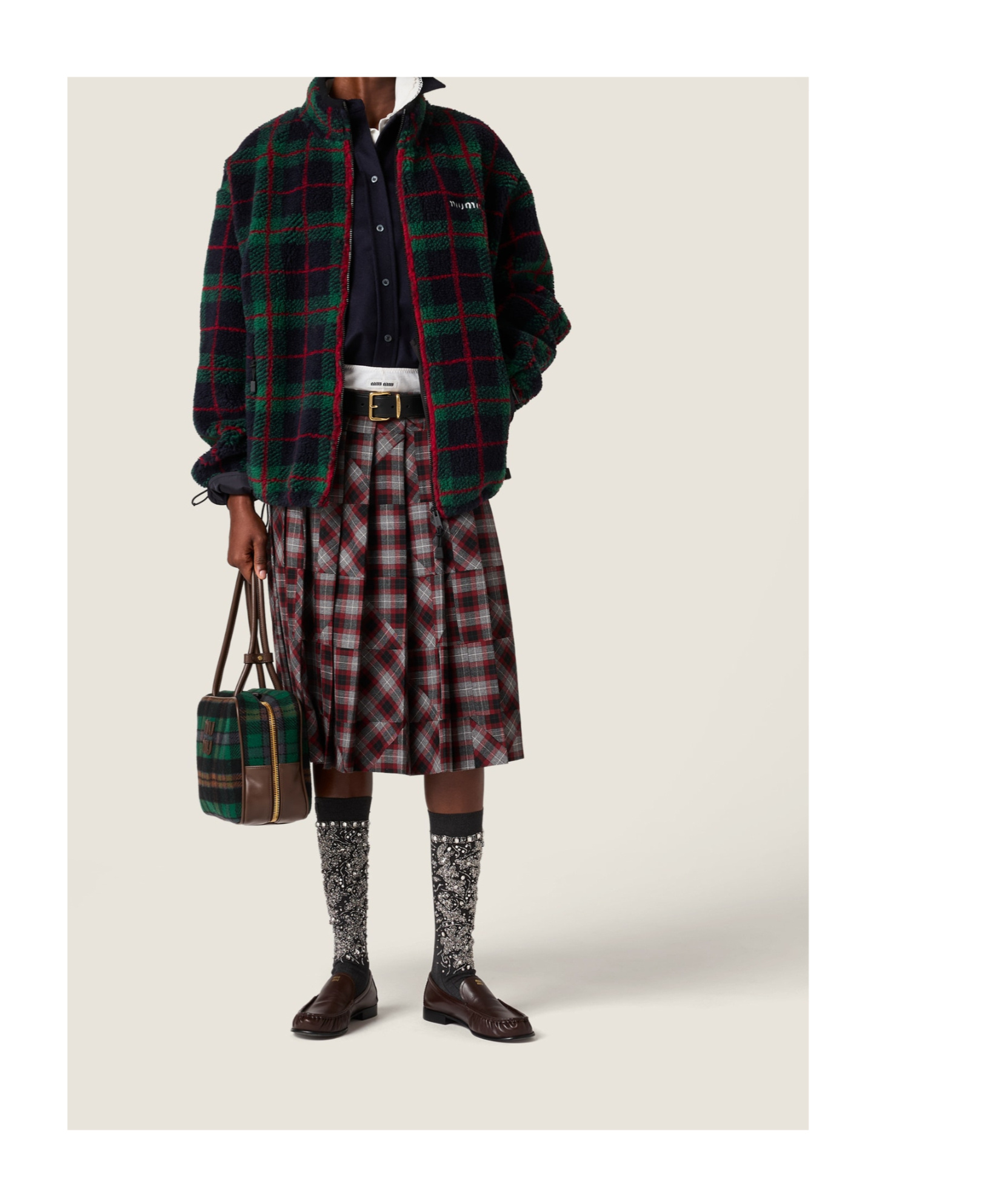 Miu Miu Checked Teddy Zipper Jacket In Multi