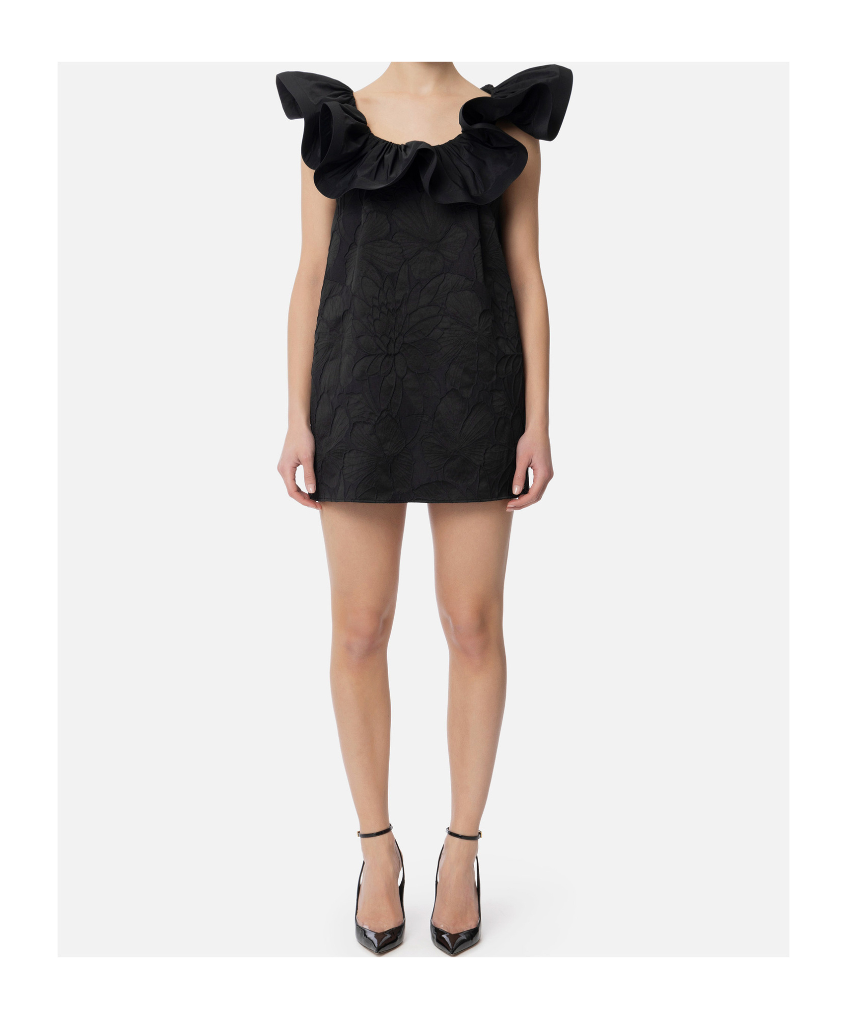 Elisabetta Franchi Ruffled Neckline Mini Jacquard Dress In Black