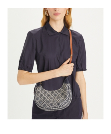 Tory Burch T-monogram Jacquard Crescent Shoulder Bag In Gray