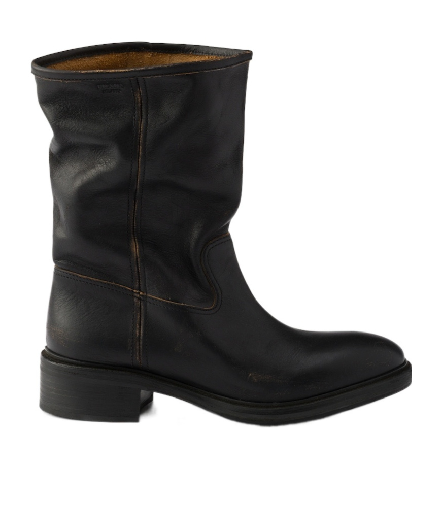 Prada Vintage-effect Leather Boots In Black