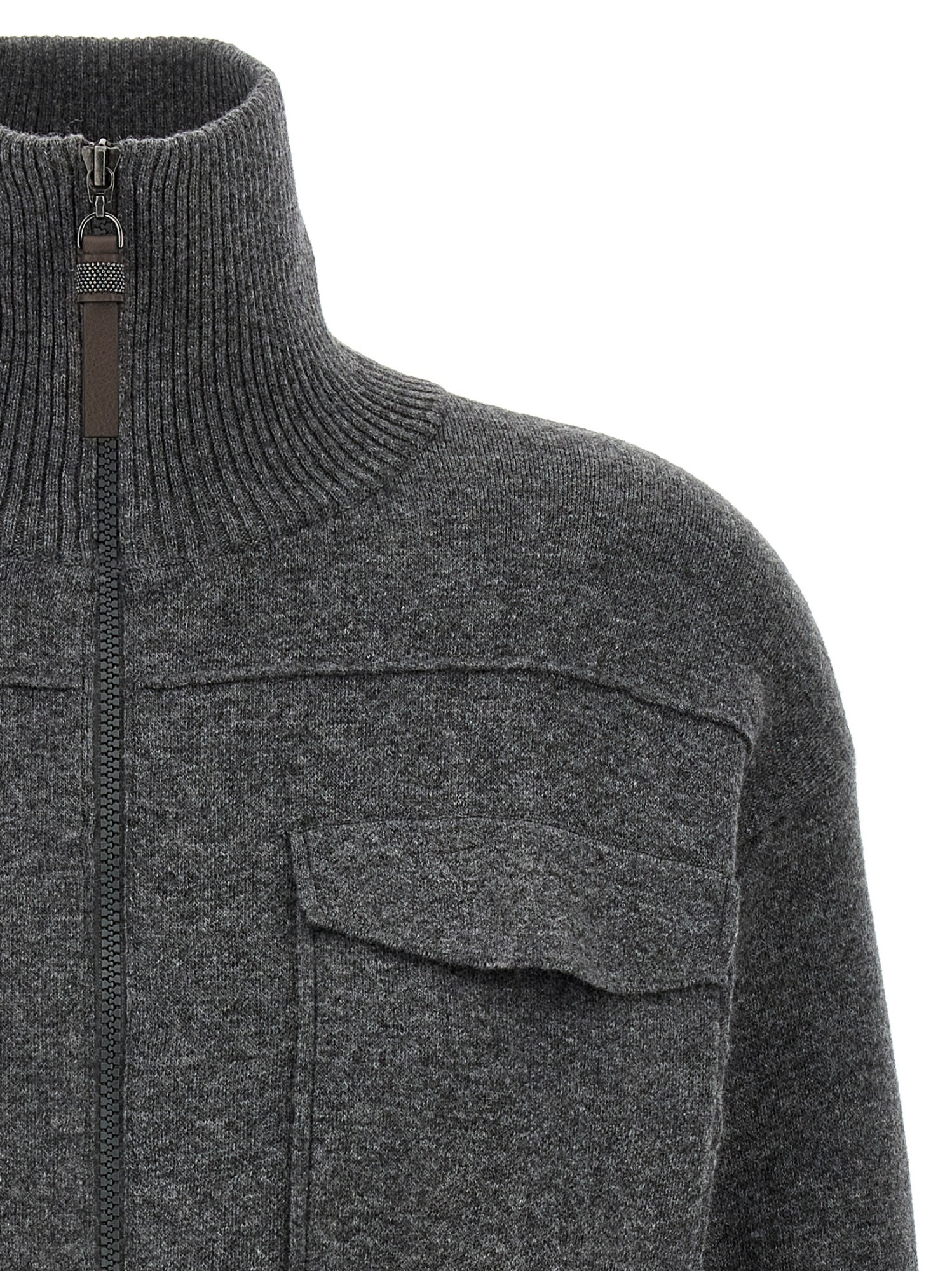 Brunello Cucinelli Shiny Zipper Pull Sweaters And Cardigans Gray