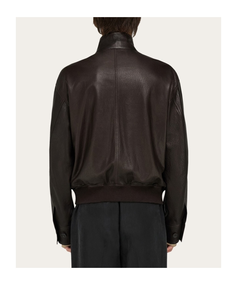 Ferragamo Stand-up Collar Leather Jacket In Brown