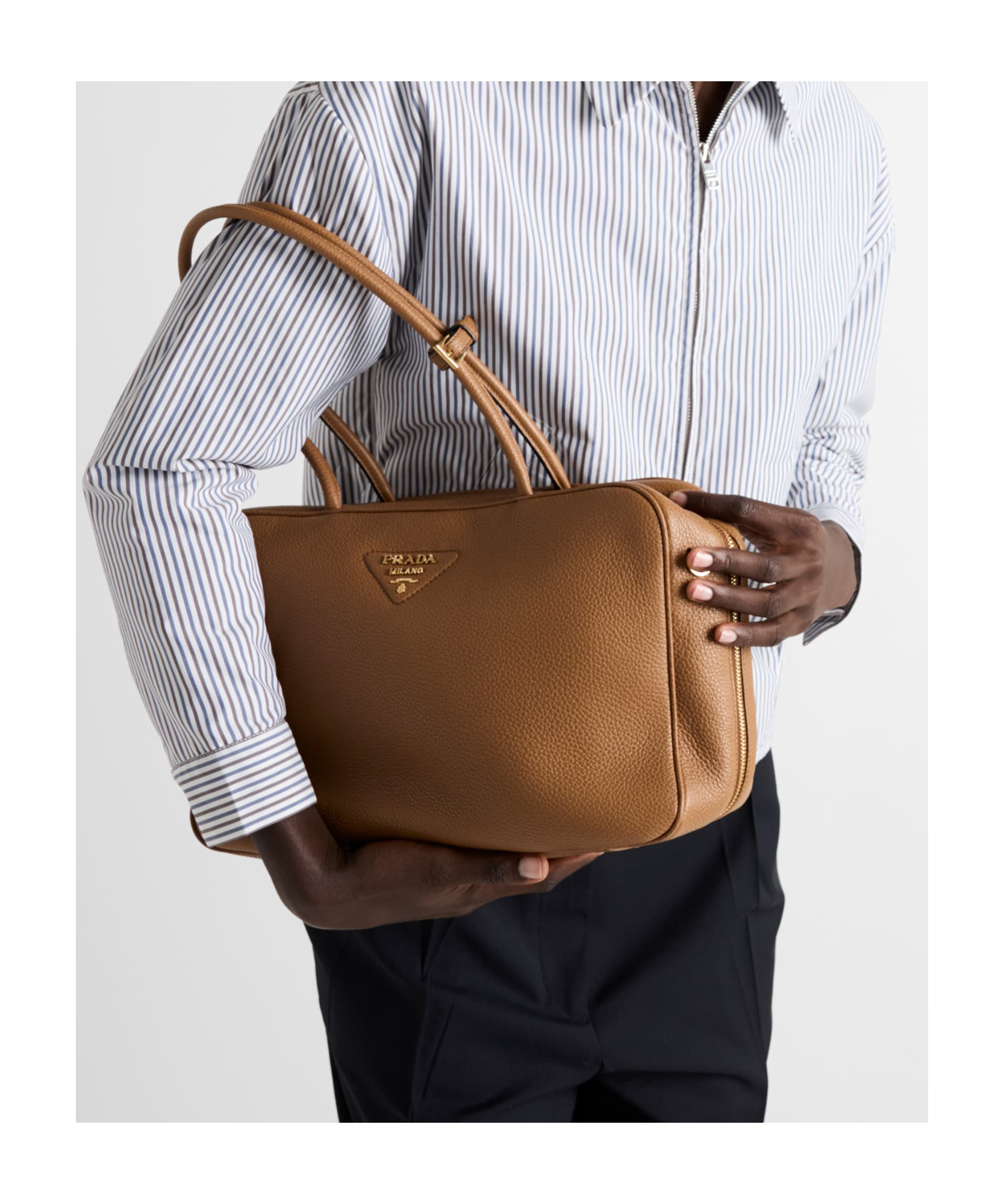 Prada Large Leather Top-handle Bag In Caramel