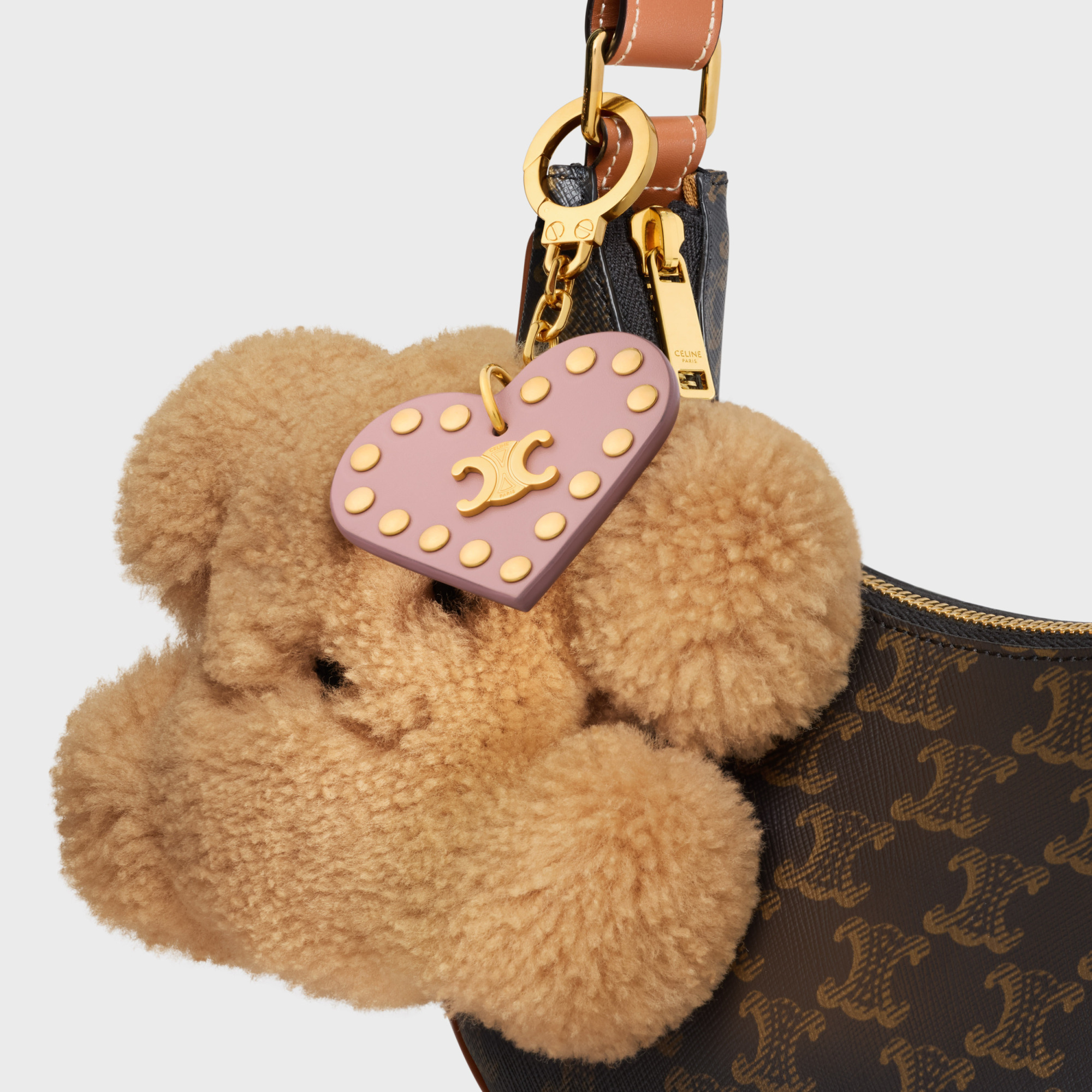 Celine Triomphe Pom-pom Charm In Embroidered Shearling And Calfskin In Multi