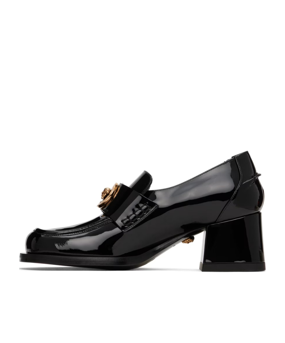 Versace Alia Patent Loafer High Heels With Square Head In Black
