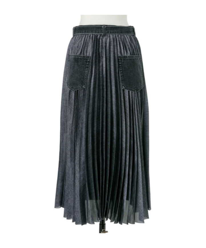 Sacai Black Denim Pleated Skirt With Adjustable Waist Belt In Black