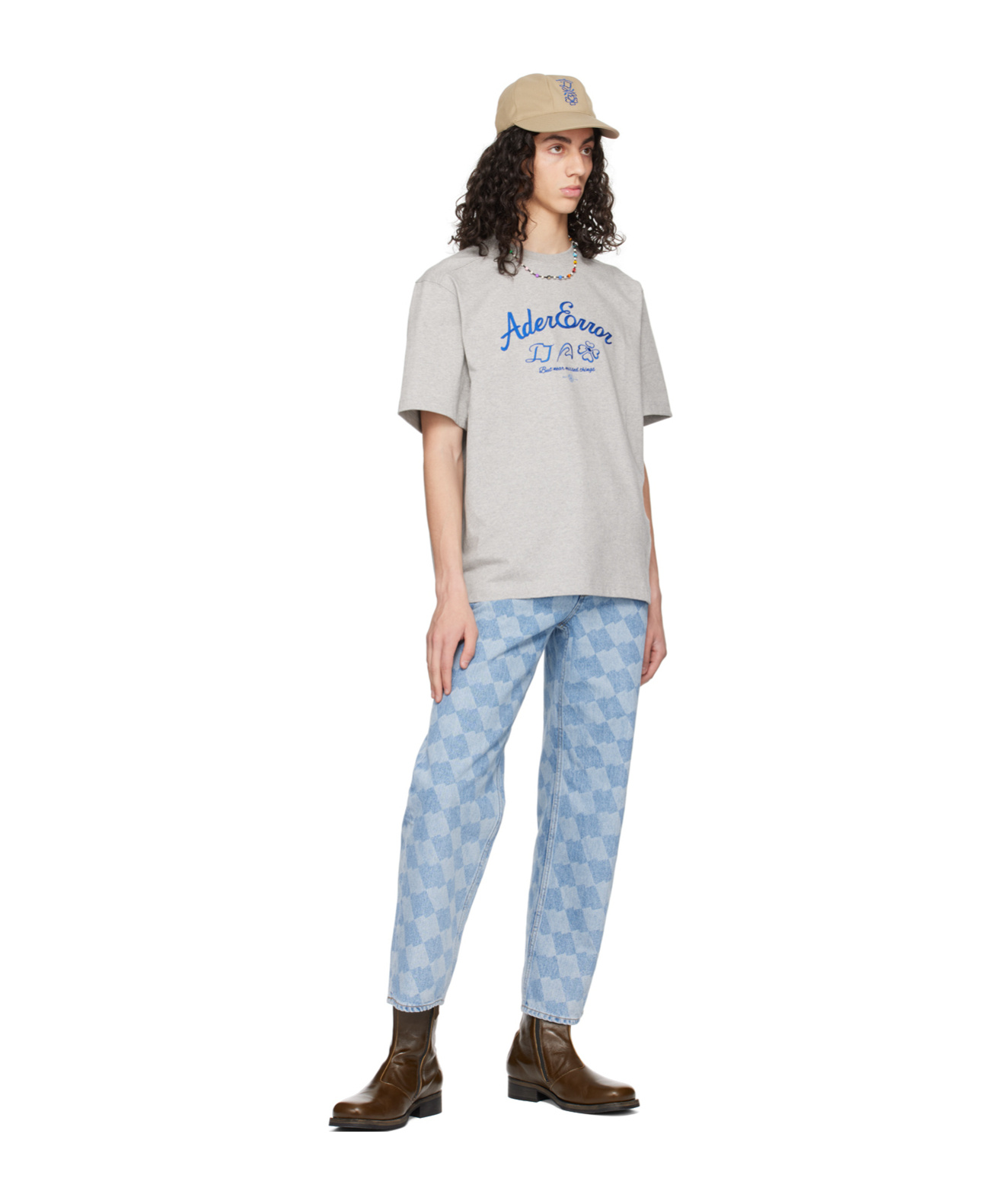 Ader Error Belt-ring Plaid Pattern Denim Pants In Blue