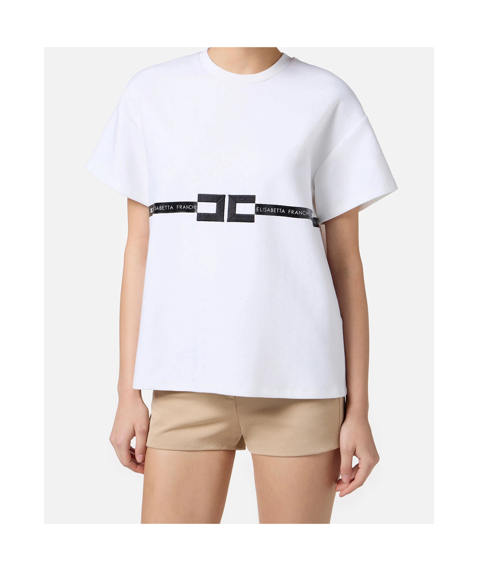 Elisabetta Franchi Crew Neck Relaxed Fit Short Sleeves Top In White