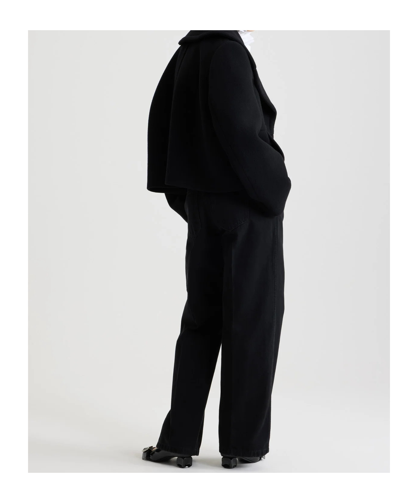 Patou Cropped Double Breasted Coat With Gold Buttons In Black