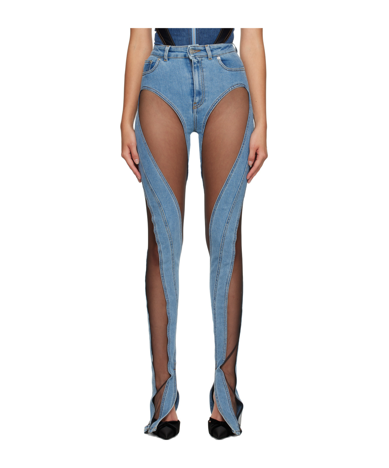 Mugler Stitched Design Denim Pants In Blue