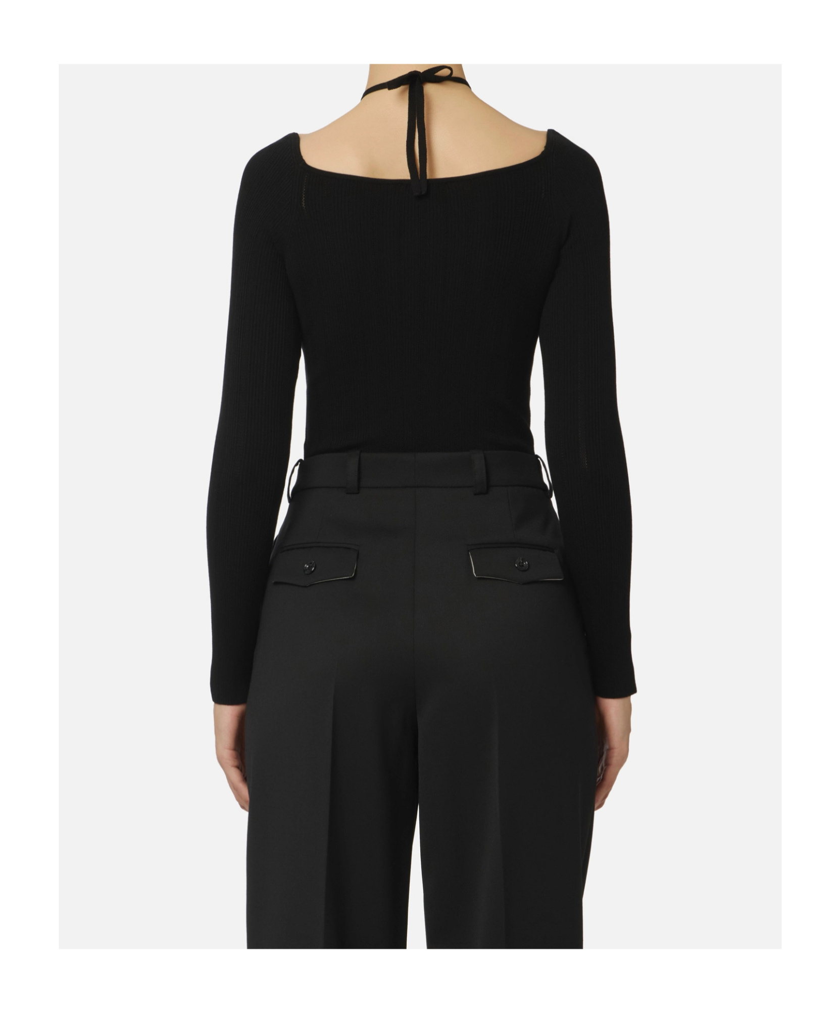 Elisabetta Franchi Bodysuit In Ribbed Knit Fabric With Openwork Details In Black