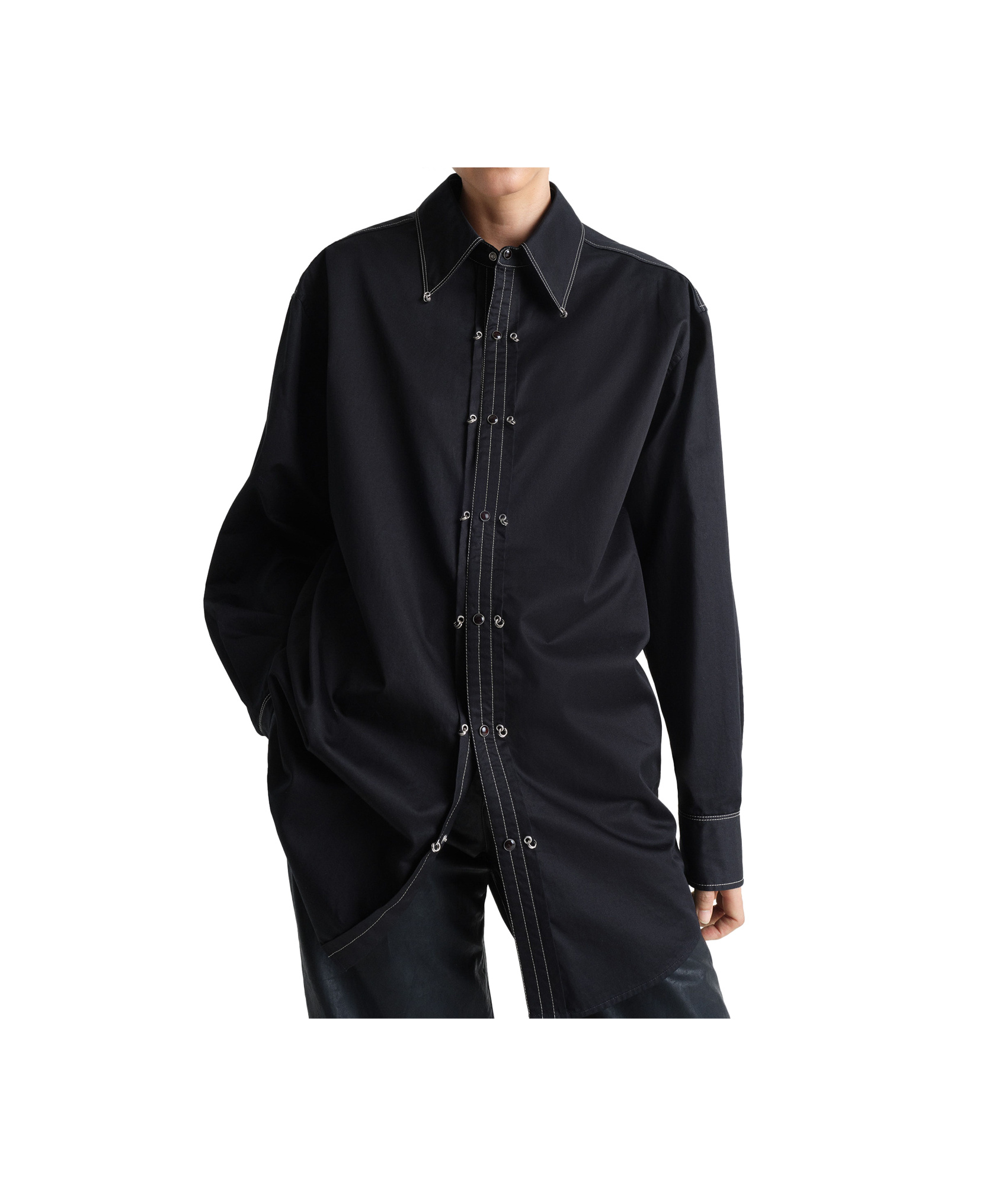 Lemaire Black Cotton Satin Embellished Metal Shirt In Black