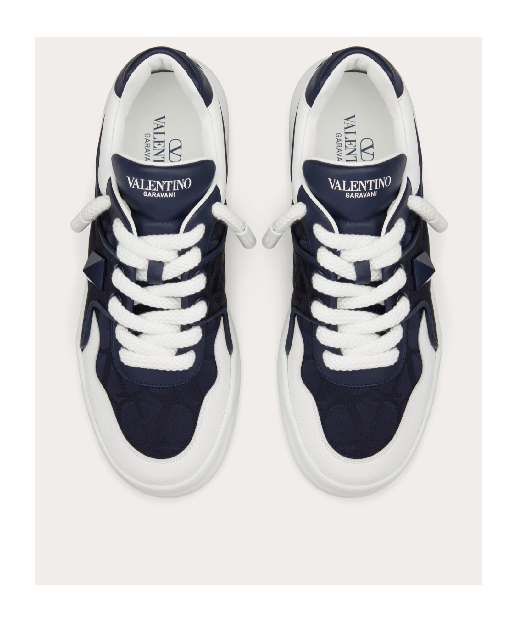 Valentino One Stud Xl Low-top Sneaker In Nappa Leather And Jacquard Toile Iconographe Technical Fabric In White